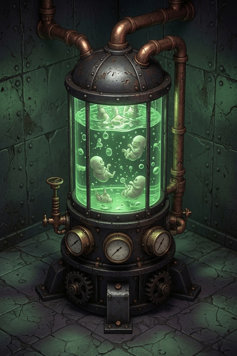 Concept art of a Cadwallader & Sons Perpetual Circulation Cabinet: a riveted iron-and-copper cylinder with brass pressure gauges and a green-glowing glass chamber, in which several small indistinct figures are suspended.